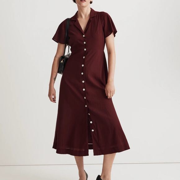 Madewell Crinkle Cotton Button Front Midi Dress Collared Cabernet Red Size 0 - Picture 1 of 6